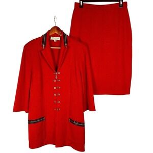 St John Collection 2-Piece Sz 10 Skirt Suit Red Santana Knit Set Classic Luxury